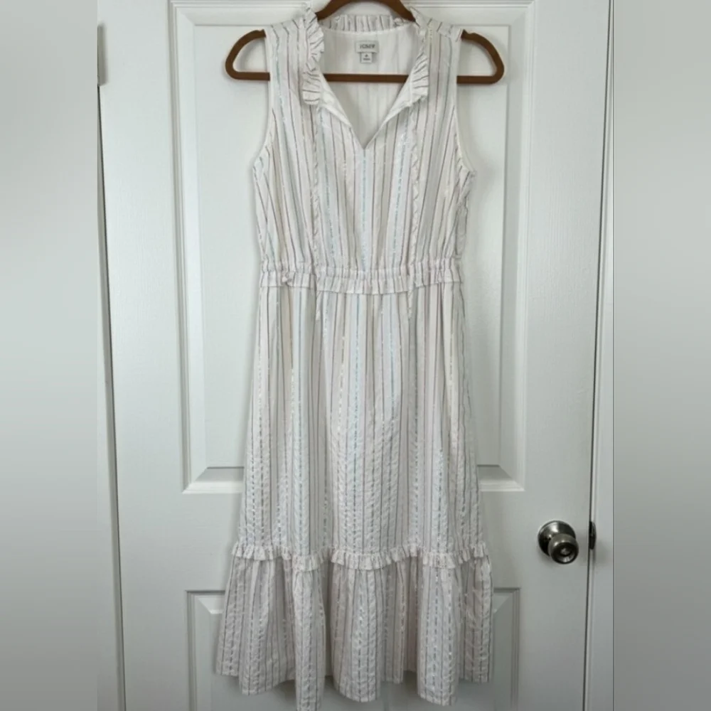J.Crew Cotton Ruffle Collar Metallic Stripe Midi Dress - White/Pastel Size 6